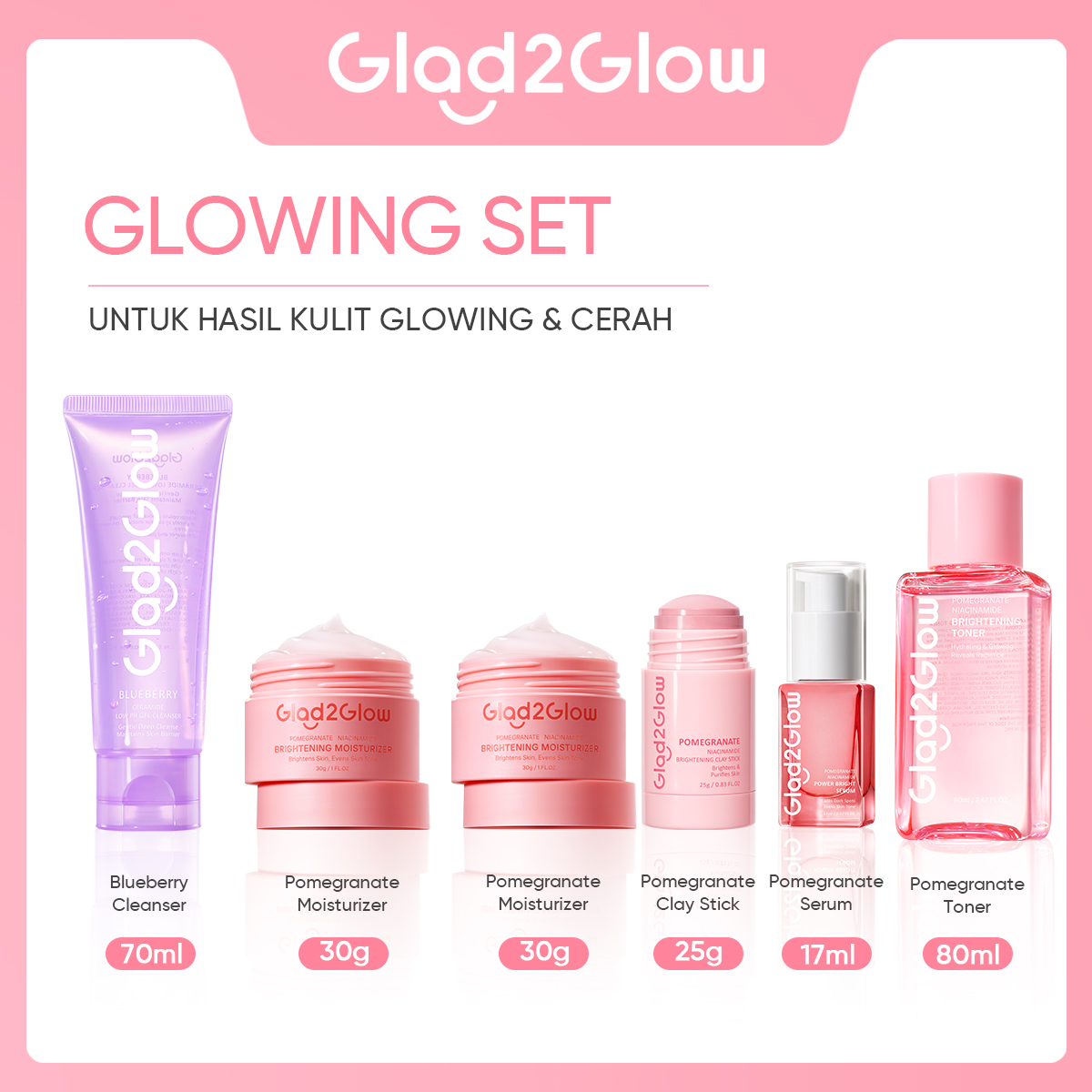 SPECIAL BUNDLE 6 in1 Glad2Glow 6pcs Paket Skincare Moisturizer Serum Clay Mask Face Wash Toner Se...