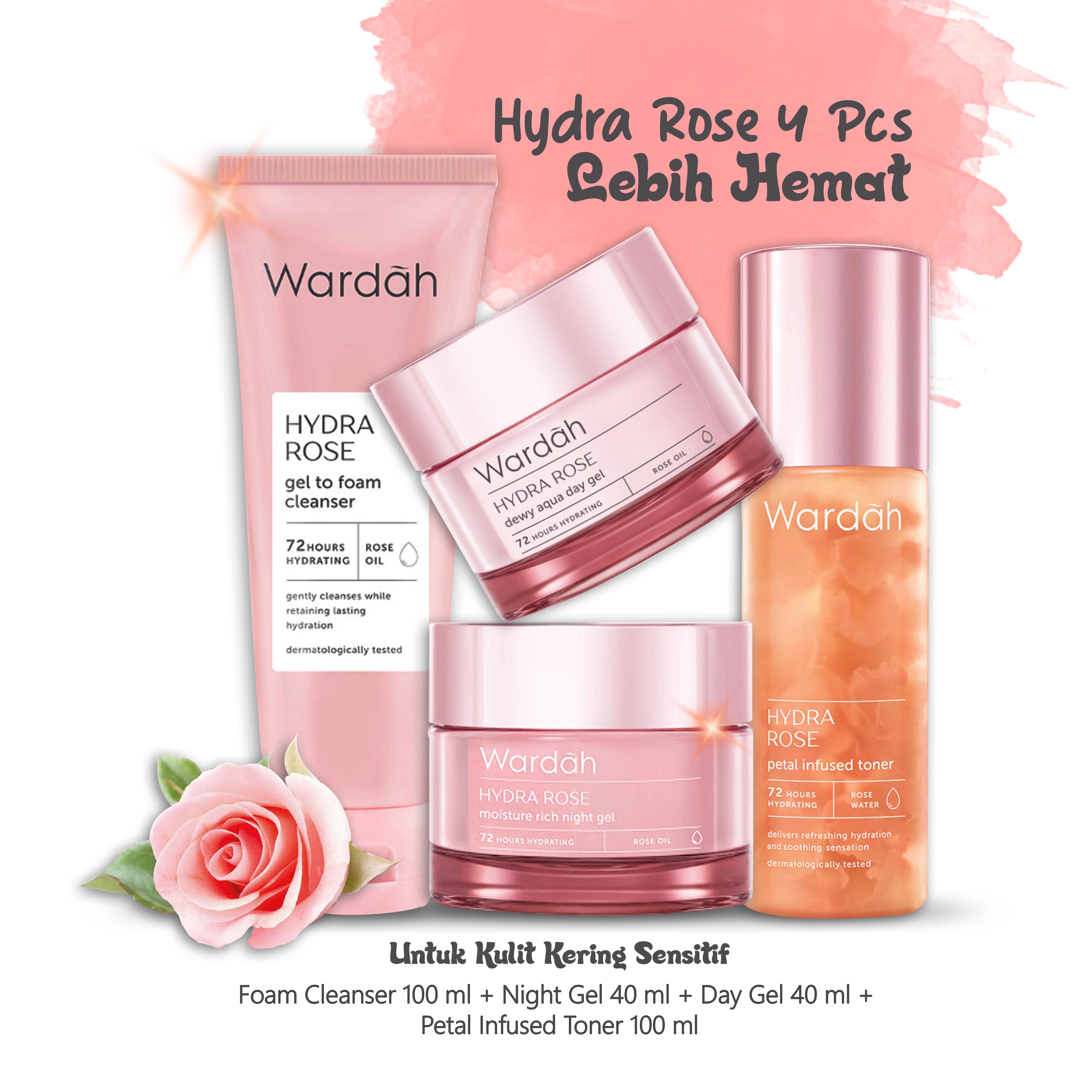 Paket Istimewa Wardah Hydra Rose 4 pcs (Foam Cleanser 100 ml + Petal Infused Toner 100 ml + Night Gel 17 ml + Day Gel 17 ml) Kemasan Besar