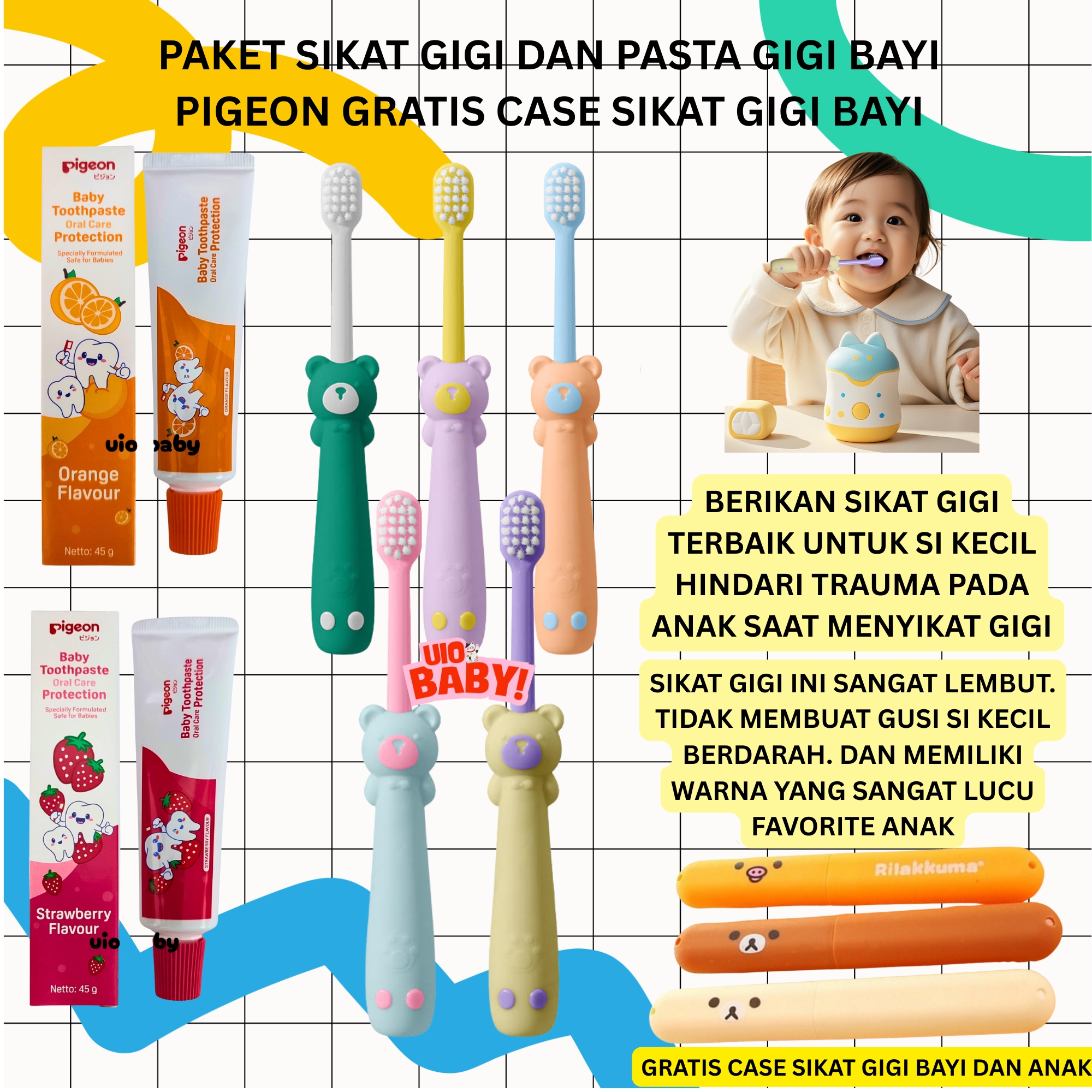 Paket sikat gigi pasta gigi pigeon enzim bayi 1 tahun - 5 tahun gratis case sikat gigi aman jika tertelan