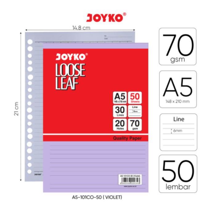 LOOSE LEAF JOYKO WARNA A5 50 / Isi Kertas File Binder Warna Joyko Warna A5 50 Lembar
