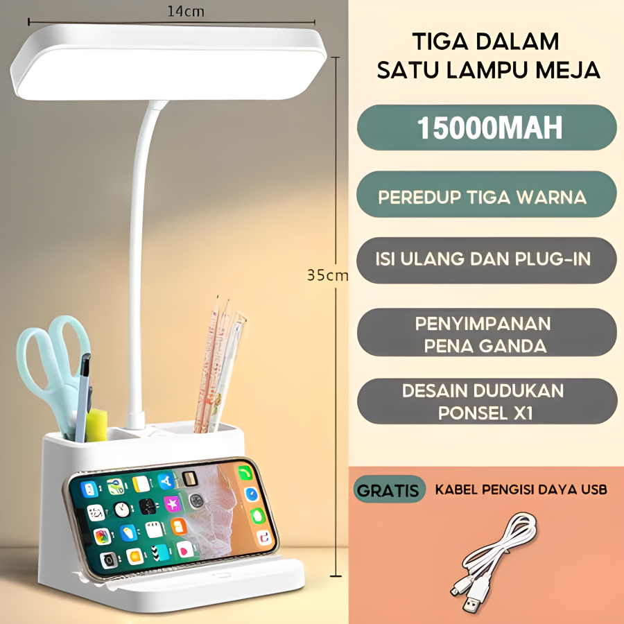 【Garansi 30 tahun】Lampu meja tong pena dudukan ponsel LED lampu meja multifungsi 3 in 1 dengan belajar tricolour lampu malam pajangan