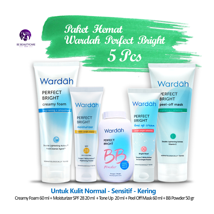 Paket Spesial Wardah Perfect Bright 5 pcs - Untuk Normal Skin Cenderung Kering (BB Powder 50 gr, Creamy Foam Smoothing 60 ml, Moisturizer SPF 28, Tone Up Cream 20 ml, Peel Off Mask 60 ml )