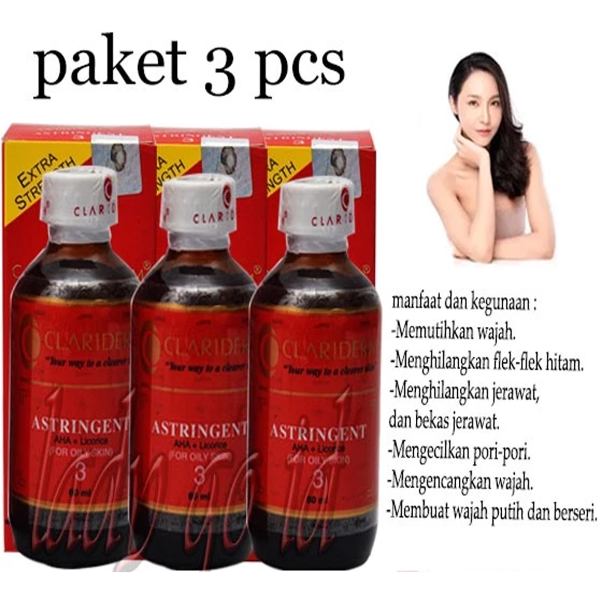 (3 PCS) Clariderm Astringent Alkohol No 3 ORIGINAL / Toner Pembersih Wajah For Oily Skin - 60ml