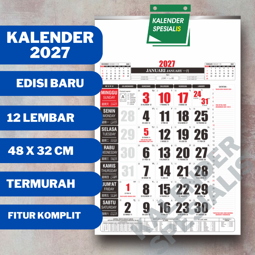TAHUN 2027 KALENDER DINDING UKURAN STANDAR SERI TERLARIS