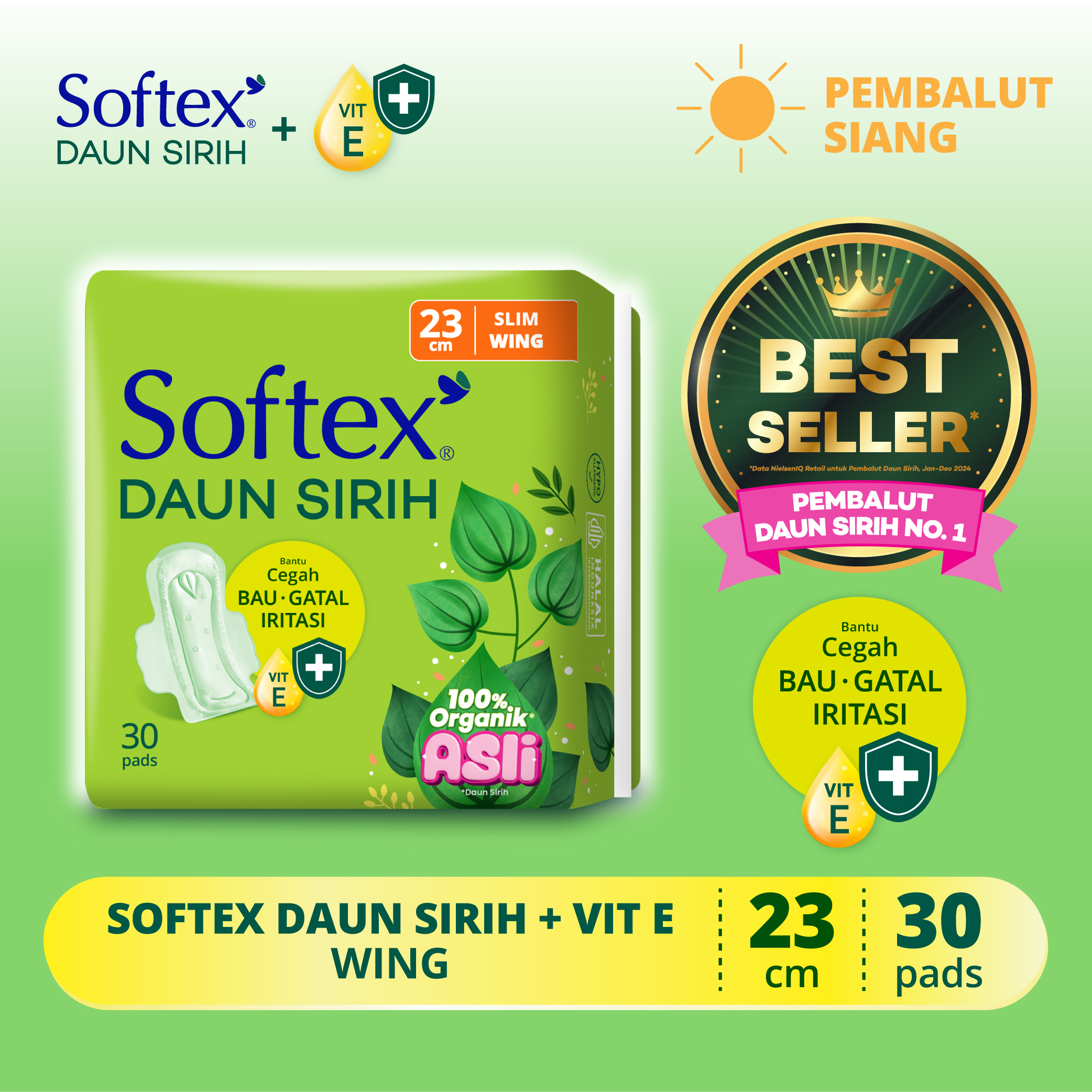 Softex Daun Sirih + Vitamin E Jumbo Pack 23cm 30s - Pembalut Daun Sirih Siang