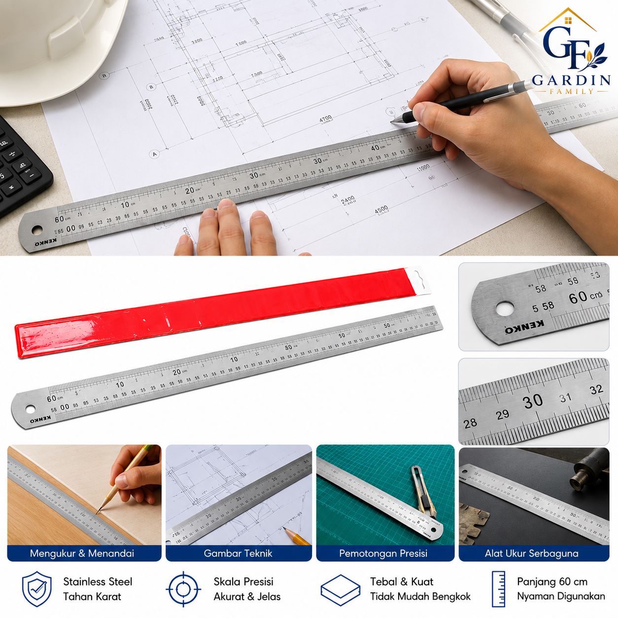 Penggaris Besi Stainless Steel 60 cm Kenko | Stainless Steel Ruler 60cm Presisi Tahan Karat Penggaris Teknik