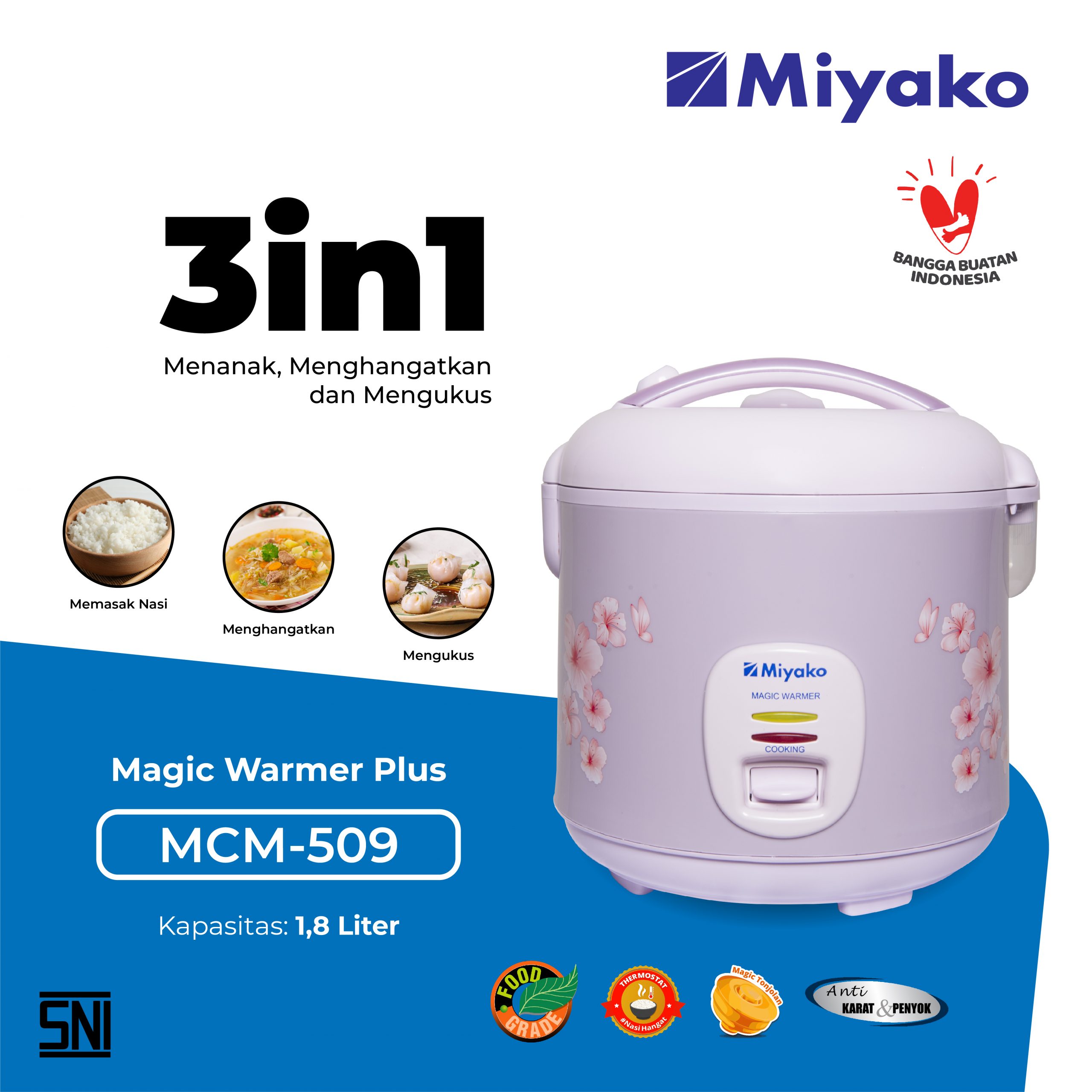 Miyako MCM509 Magic Warmer Plus 395 W - Rice Cooker - Penanak Nasi - 1.8 L - Random Color