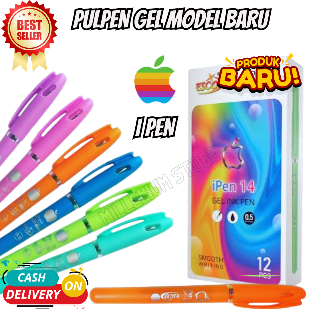 Gel Pen Ipen (12 pcs) / Pulpen Gel Apel / Pen Ipen Murah / Bolpen Apple 0.5mm / Bolpen Ipen Gel Ink 0.38mm /Balpoint Pulpen / Colour Fashion