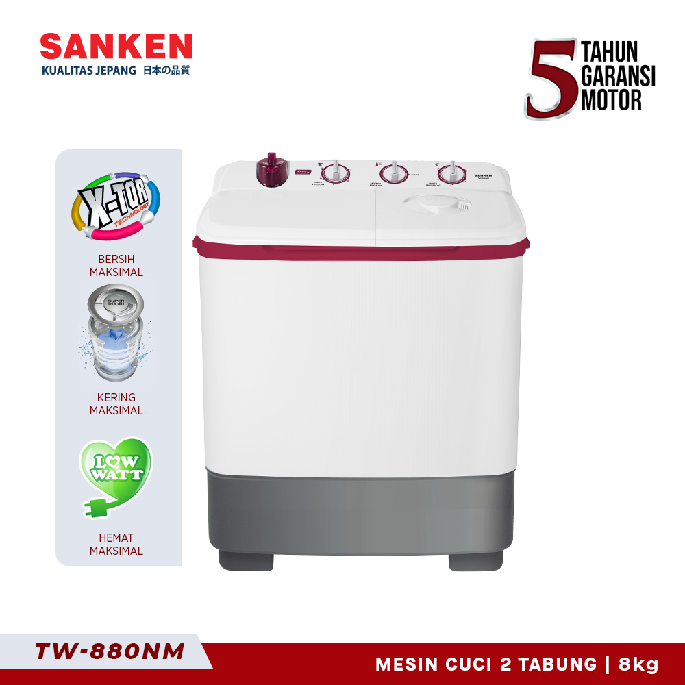 SANKEN Mesin Cuci Dua Tabung / Semi Auto 8 Kg TW-880 MR /NM (Maroon)