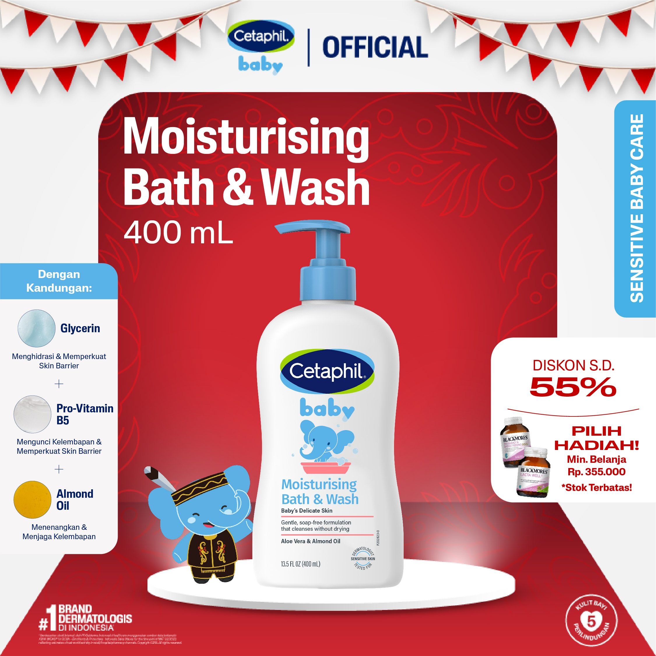 Cetaphil Baby Moist Bath & Wash 400ml Dengan Almond Oil Perawatan Sabun Mandi untuk Melembapkan Kulit Bayi