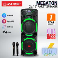 Asatron Megaton Dual 15 Inch Bluetooth Party Speaker with 2 Wireless Mic