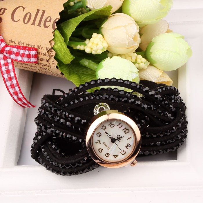 Wanita kulit Keling gelang jam Tangan Vintage - Hitam 