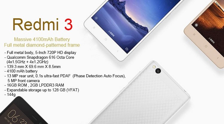 2016 New Xiaomi Phone Xiaomi Redmi 3 ( Hongmi 3 ) Qualcomm Snapdragon 616 Octa Core 1.5GHz Android 5.1 Metal Smart Phone