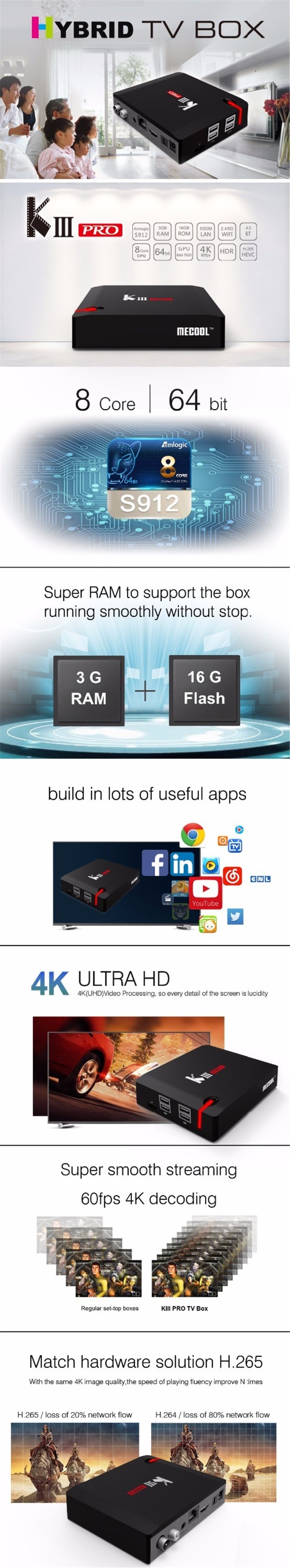 Android 6.0 KIII Pro S912 Combo TV box 3G16GB DVB S2 T2 4k satellite receiver