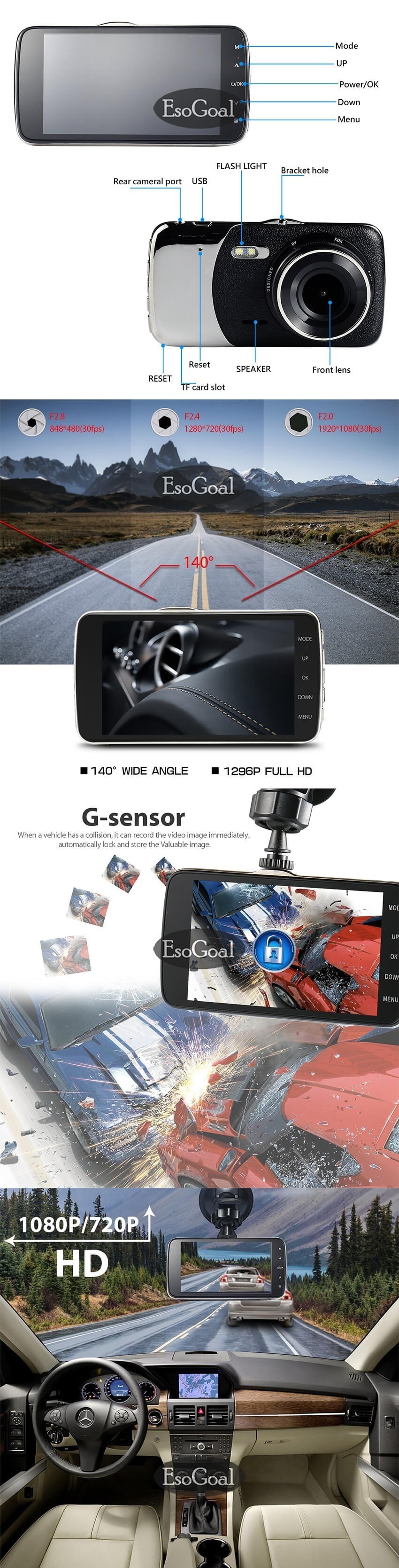 EsoGoal 40" Dash Cam Front and Rear Dual Lens Camera Night