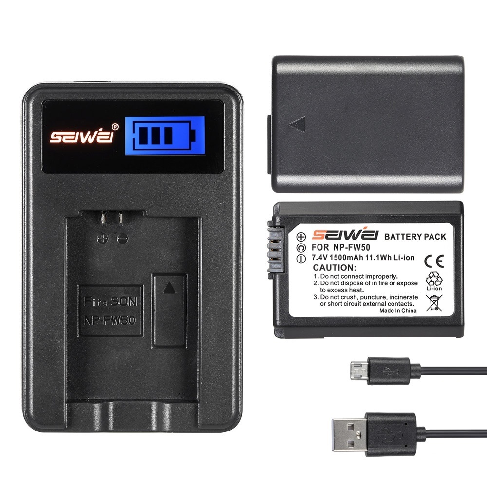 NP - FW50 2 Pack 7,4 V dengan LCD USB Charger Kit untuk Sony Alpha a7 (II) a7 R (II) a7 S (II) A3000 A5000 A5100 A6000 NEX-3 NEX-3 N NEX-5 NEX-5 N NEX-5 R NEX-5 T NEX-6 NEX-7